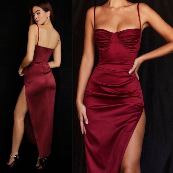 House of CB Flora Wine Satin Pleated Corset Midi Dress‎ L+ - Picture 2 of 13